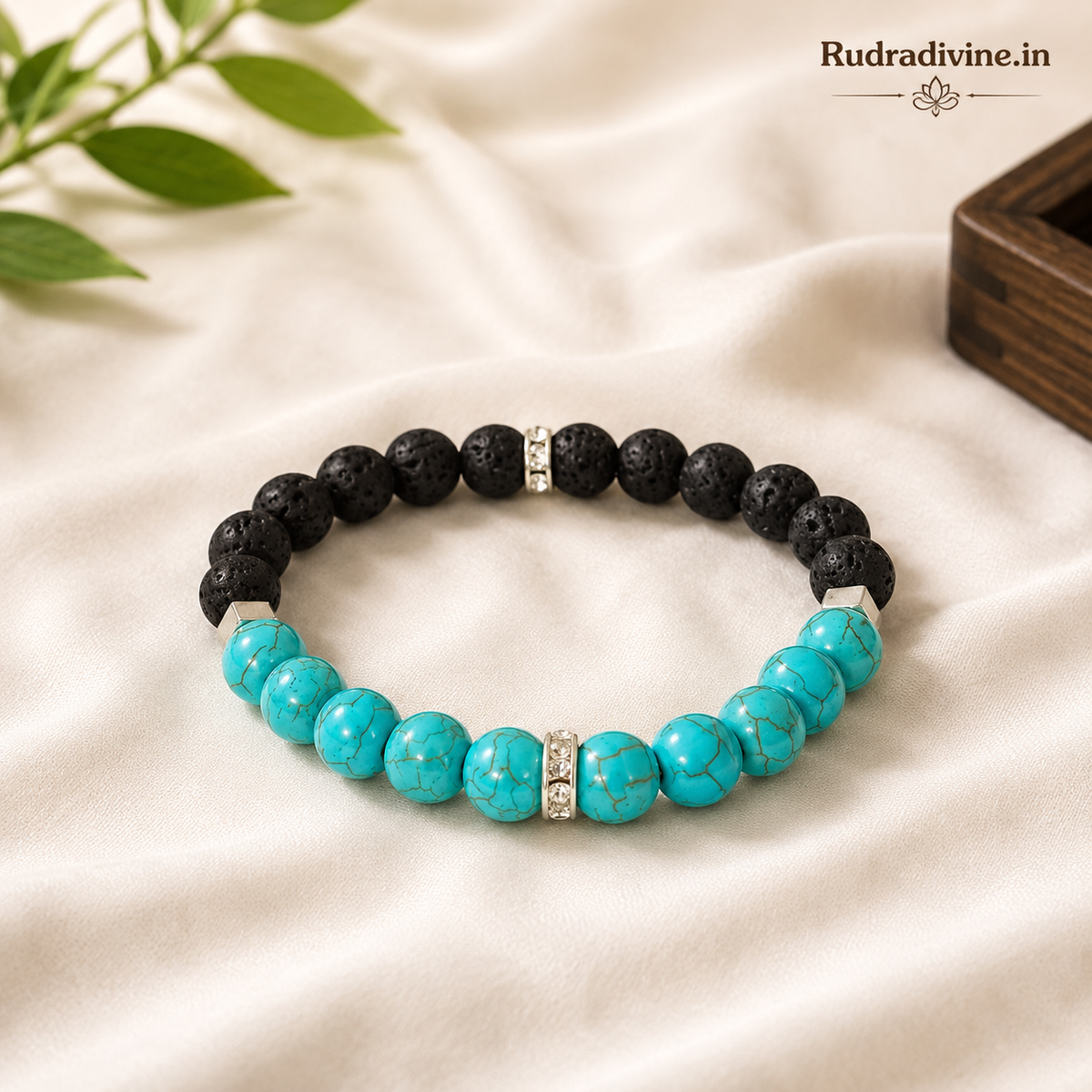 Blue Turquoise and Lava Bracelet 8MM beads with official Lab Certificate by Rudradivine, traditionally associated with grounding, protection, balance and positive energy.