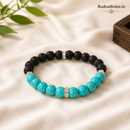 Blue Turquoise and Lava Bracelet 8MM beads with official Lab Certificate by Rudradivine, traditionally associated with grounding, protection, balance and positive energy.