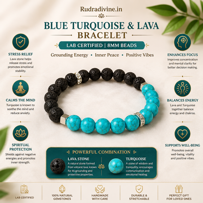 Blue Turquoise and Lava Bracelet 8MM beads with official Lab Certificate by Rudradivine, traditionally associated with grounding, protection, balance and positive energy.