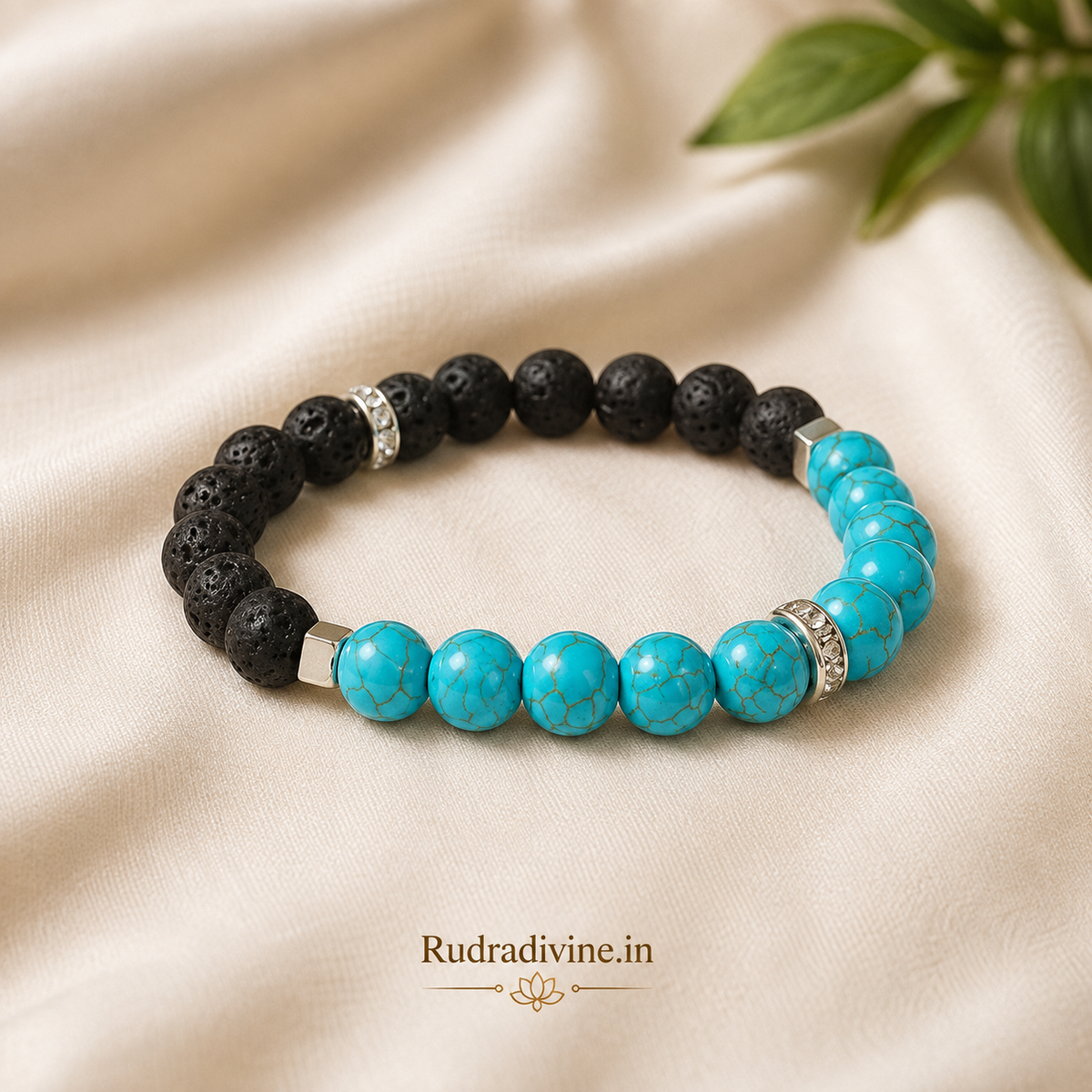 Blue Turquoise and Lava Bracelet 8MM beads with official Lab Certificate by Rudradivine, traditionally associated with grounding, protection, balance and positive energy.