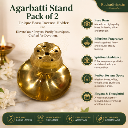 Agarbatti Stand Pack of 2 in unique brass design for holding incense sticks during pooja, meditation and daily spiritual rituals by Rudradivine.