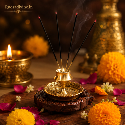 Agarbatti Stand Pack of 2 in unique brass design for holding incense sticks during pooja, meditation and daily spiritual rituals by Rudradivine.