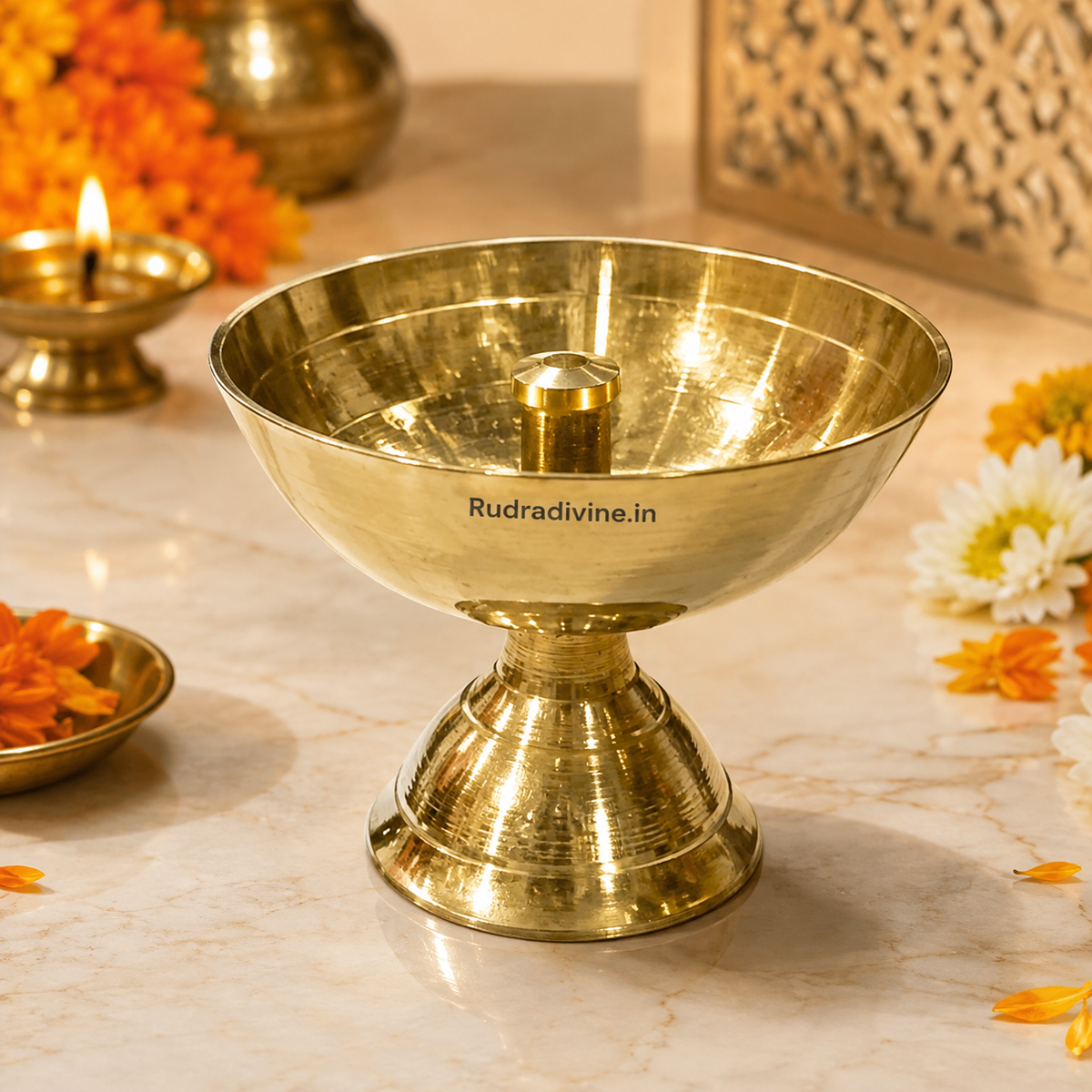 Brass Akhand Jyot oil lamp with heavy base for pooja, aarti, mandir and daily worship, featuring a traditional brass design by Rudradivine.