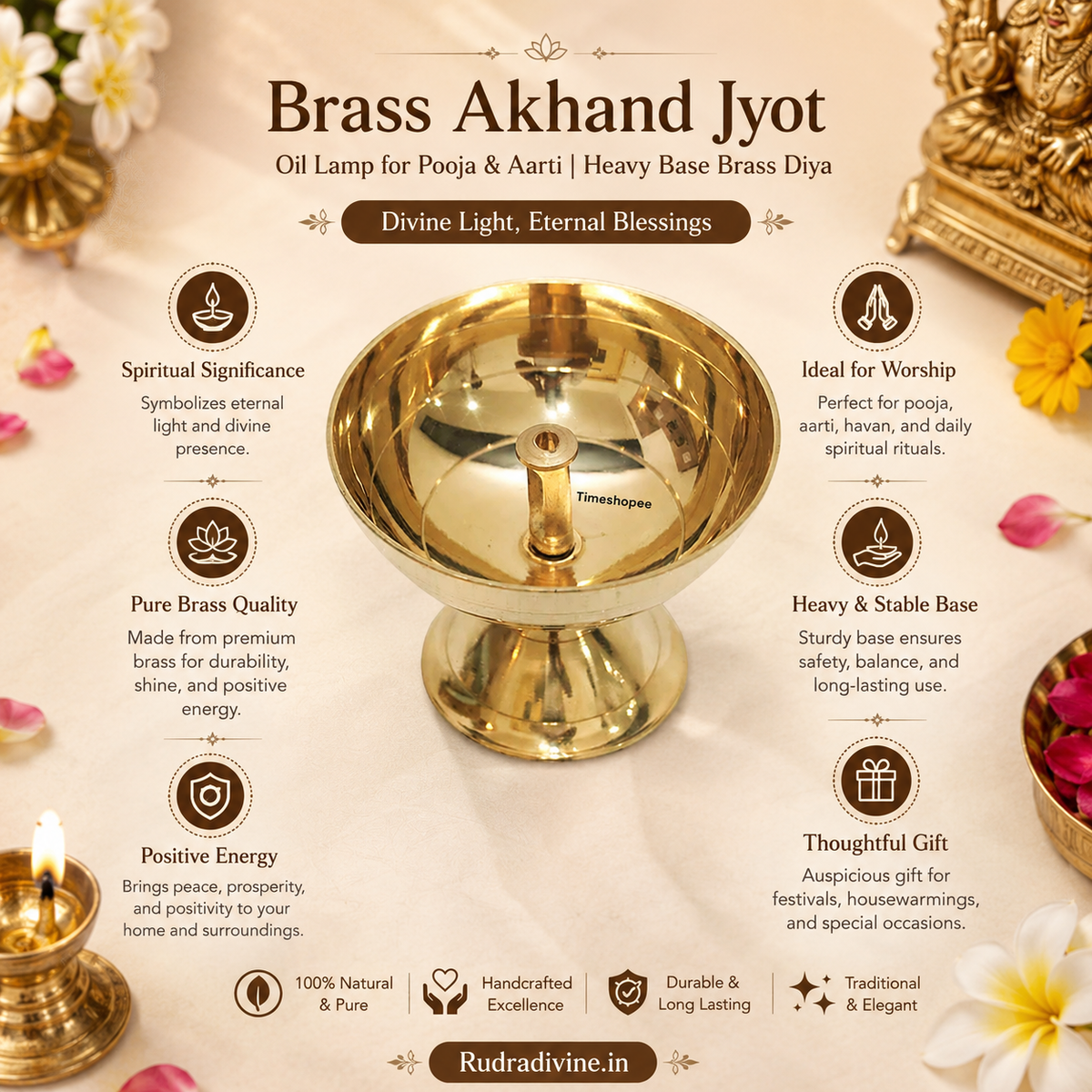 Brass Akhand Jyot oil lamp with heavy base for pooja, aarti, mandir and daily worship, featuring a traditional brass design by Rudradivine.