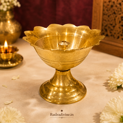 Brass Akhand Jyot oil lamp by Rudradivine, traditional brass diya for pooja, mandir use, daily worship, spiritual rituals and sacred home prayer spaces.