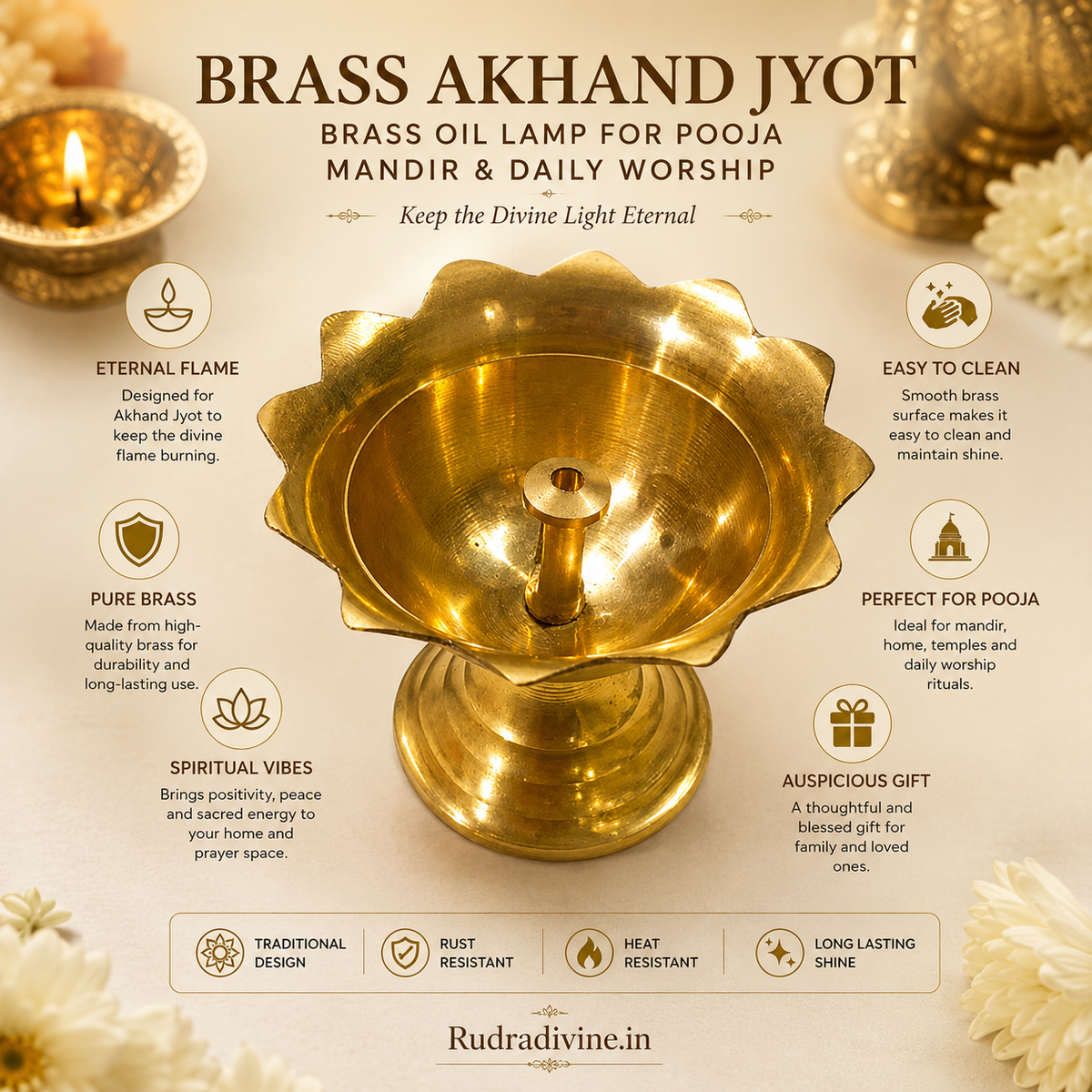Brass Akhand Jyot oil lamp by Rudradivine, traditional brass diya for pooja, mandir use, daily worship, spiritual rituals and sacred home prayer spaces.