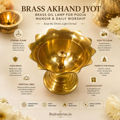 Brass Akhand Jyot oil lamp by Rudradivine, traditional brass diya for pooja, mandir use, daily worship, spiritual rituals and sacred home prayer spaces.