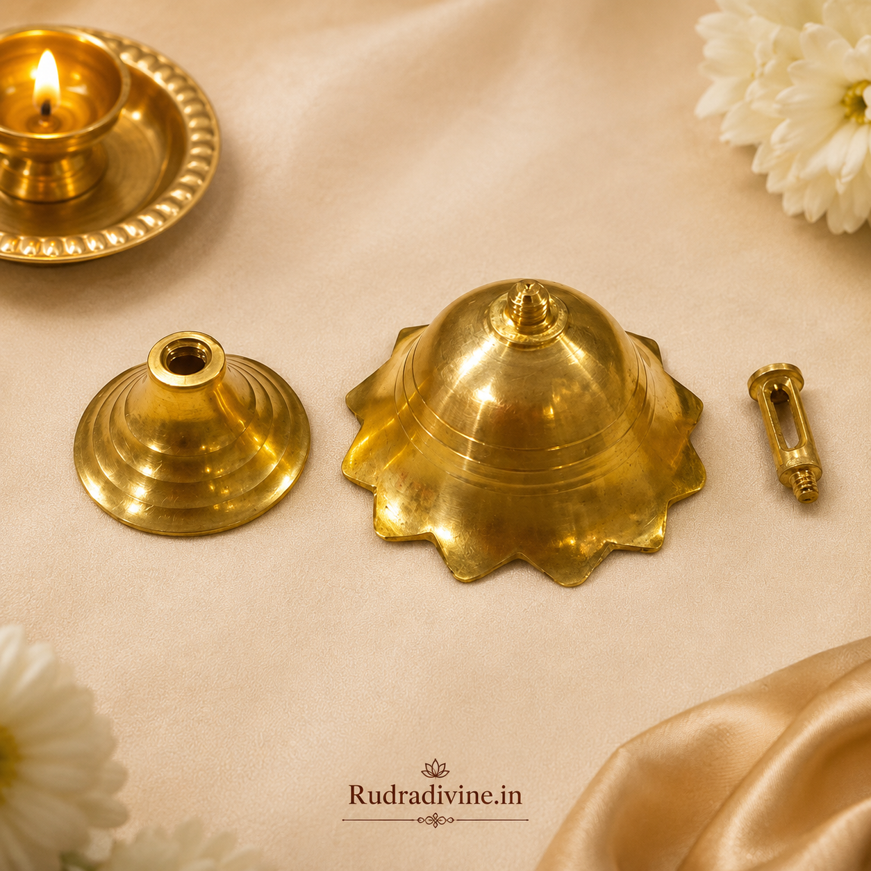 Brass Akhand Jyot oil lamp by Rudradivine, traditional brass diya for pooja, mandir use, daily worship, spiritual rituals and sacred home prayer spaces.