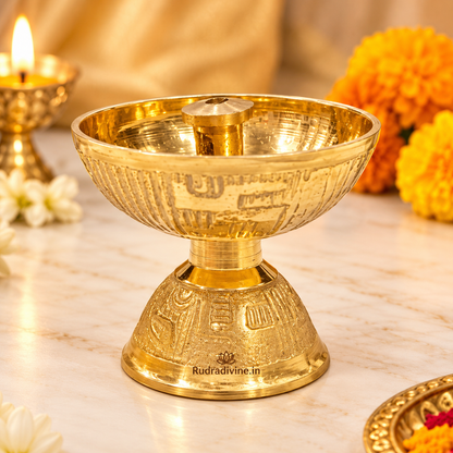 Brass Akhand Jyot Small Diya for Pooja and Mandir, traditional oil lamp crafted in brass by Rudradivine for daily worship, aarti and spiritual rituals.