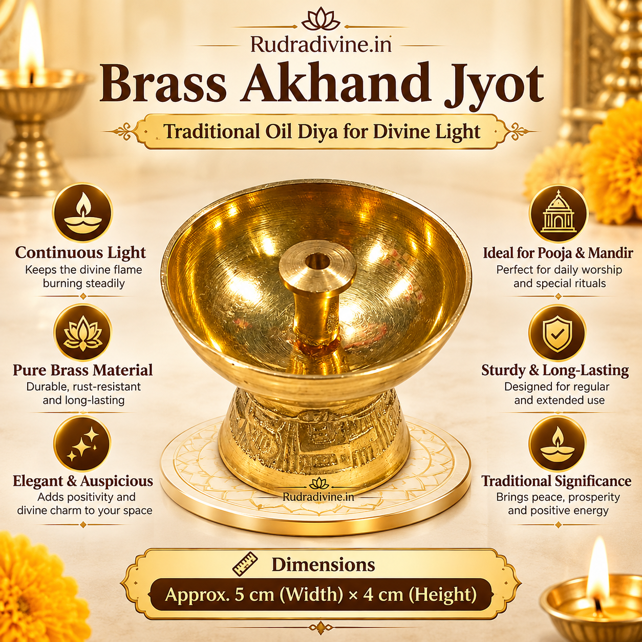Brass Akhand Jyot Small Diya for Pooja and Mandir, traditional oil lamp crafted in brass by Rudradivine for daily worship, aarti and spiritual rituals.