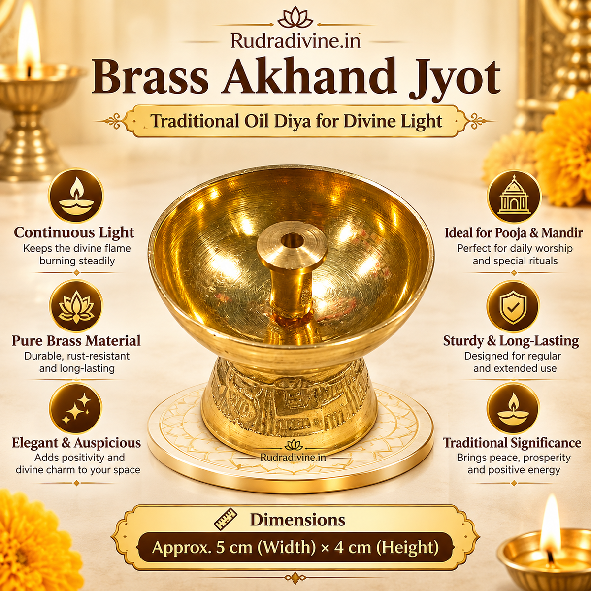 Brass Akhand Jyot Small Diya for Pooja and Mandir, traditional oil lamp crafted in brass by Rudradivine for daily worship, aarti and spiritual rituals.