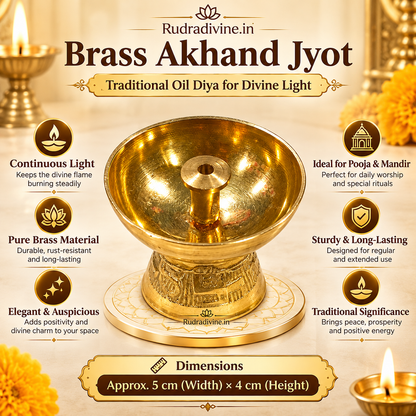 Brass Akhand Jyot Small Diya for Pooja and Mandir, traditional oil lamp crafted in brass by Rudradivine for daily worship, aarti and spiritual rituals.