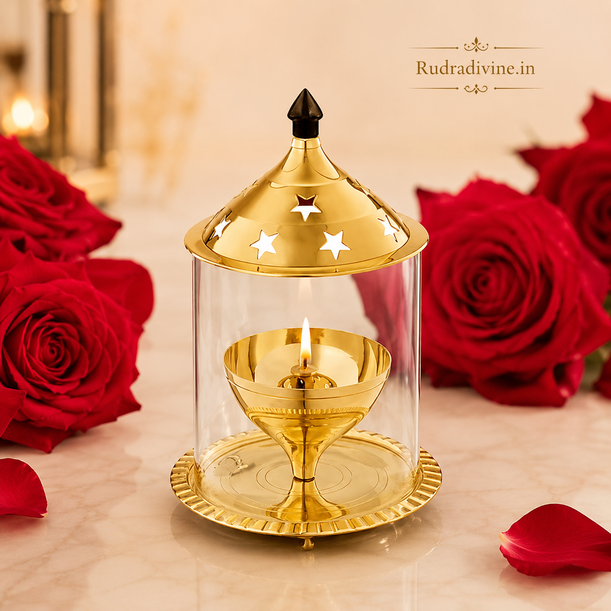 Brass Akhand Jyot with Borosilicate Glass for Desi Ghee Pooja, crafted in traditional brass for Mandir, daily prayer and spiritual rituals by Rudradivine.