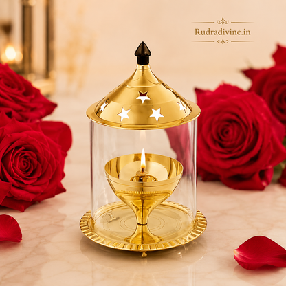 Brass Akhand Jyot with Borosilicate Glass for Desi Ghee Pooja, crafted in traditional brass for Mandir, daily prayer and spiritual rituals by Rudradivine.