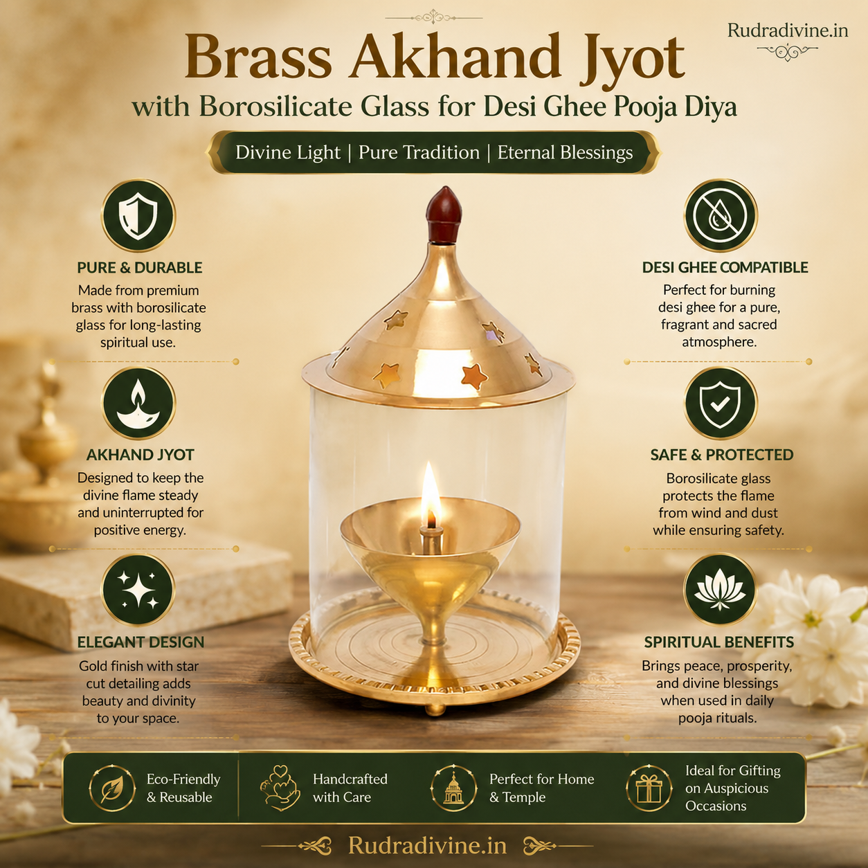 Brass Akhand Jyot with Borosilicate Glass for Desi Ghee Pooja, crafted in traditional brass for Mandir, daily prayer and spiritual rituals by Rudradivine.