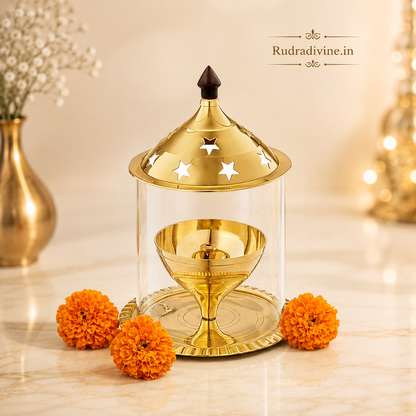 Brass Akhand Jyot with Borosilicate Glass for Desi Ghee Pooja, crafted in traditional brass for Mandir, daily prayer and spiritual rituals by Rudradivine.