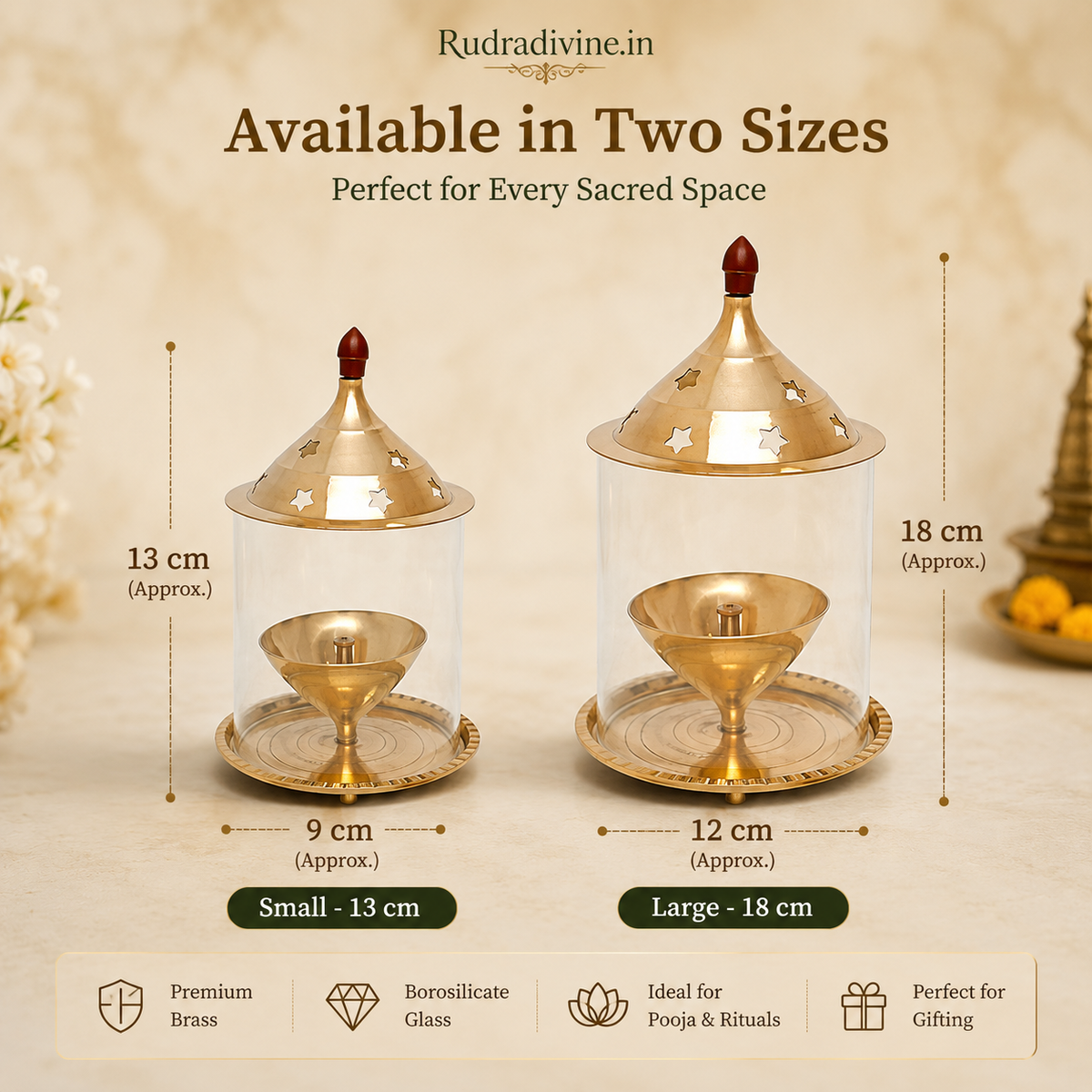 Brass Akhand Jyot with Borosilicate Glass for Desi Ghee Pooja, crafted in traditional brass for Mandir, daily prayer and spiritual rituals by Rudradivine.