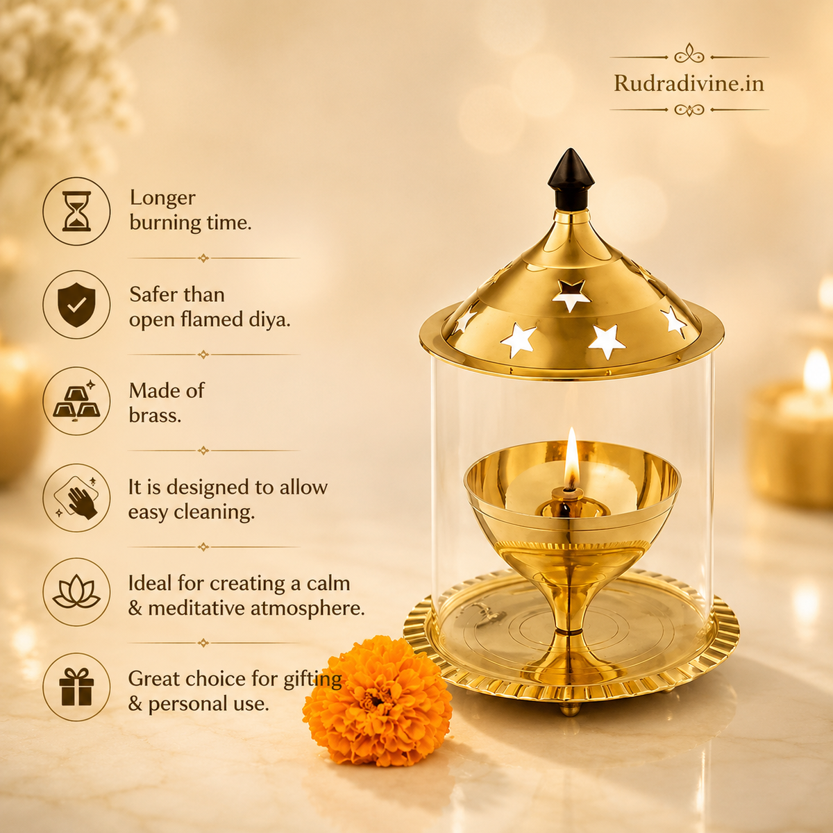 Brass Akhand Jyot with Borosilicate Glass for Desi Ghee Pooja, crafted in traditional brass for Mandir, daily prayer and spiritual rituals by Rudradivine.