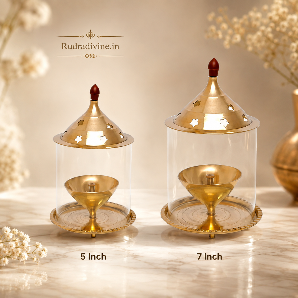 Brass Akhand Jyot with Borosilicate Glass for Desi Ghee Pooja, crafted in traditional brass for Mandir, daily prayer and spiritual rituals by Rudradivine.
