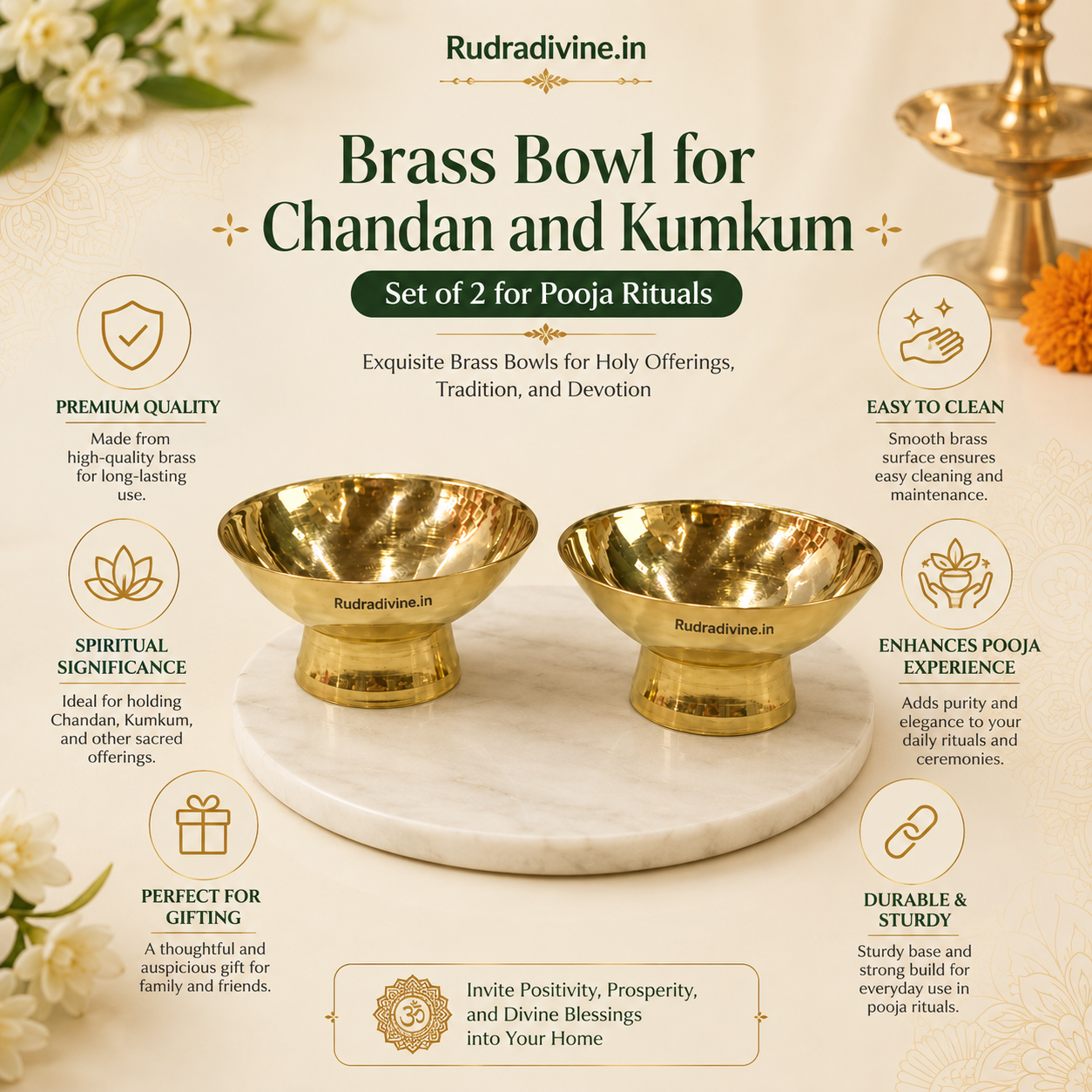 Brass Chandan Kumkum Bowl Set of 2 for pooja rituals, tilak and daily worship by Rudradivine, featuring traditional brass design for home mandir and pooja thali.