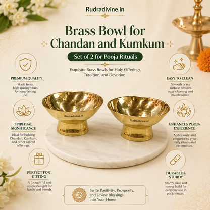 Brass Chandan Kumkum Bowl Set of 2 for pooja rituals, tilak and daily worship by Rudradivine, featuring traditional brass design for home mandir and pooja thali.