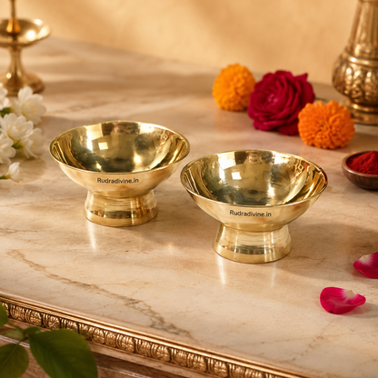 Brass Chandan Kumkum Bowl Set of 2 for pooja rituals, tilak and daily worship by Rudradivine, featuring traditional brass design for home mandir and pooja thali.