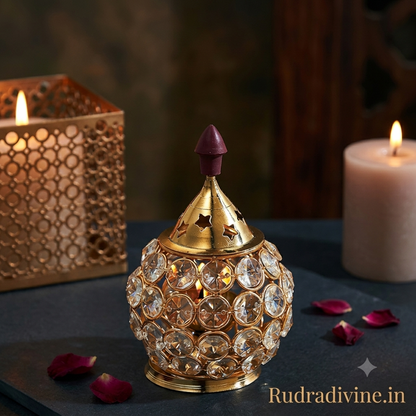Brass Crystal Akhand Jyot 14CM Matki Diya by Rudradivine, designed as a traditional pooja oil lamp and tealight holder for home temple, aarti and spiritual decor.