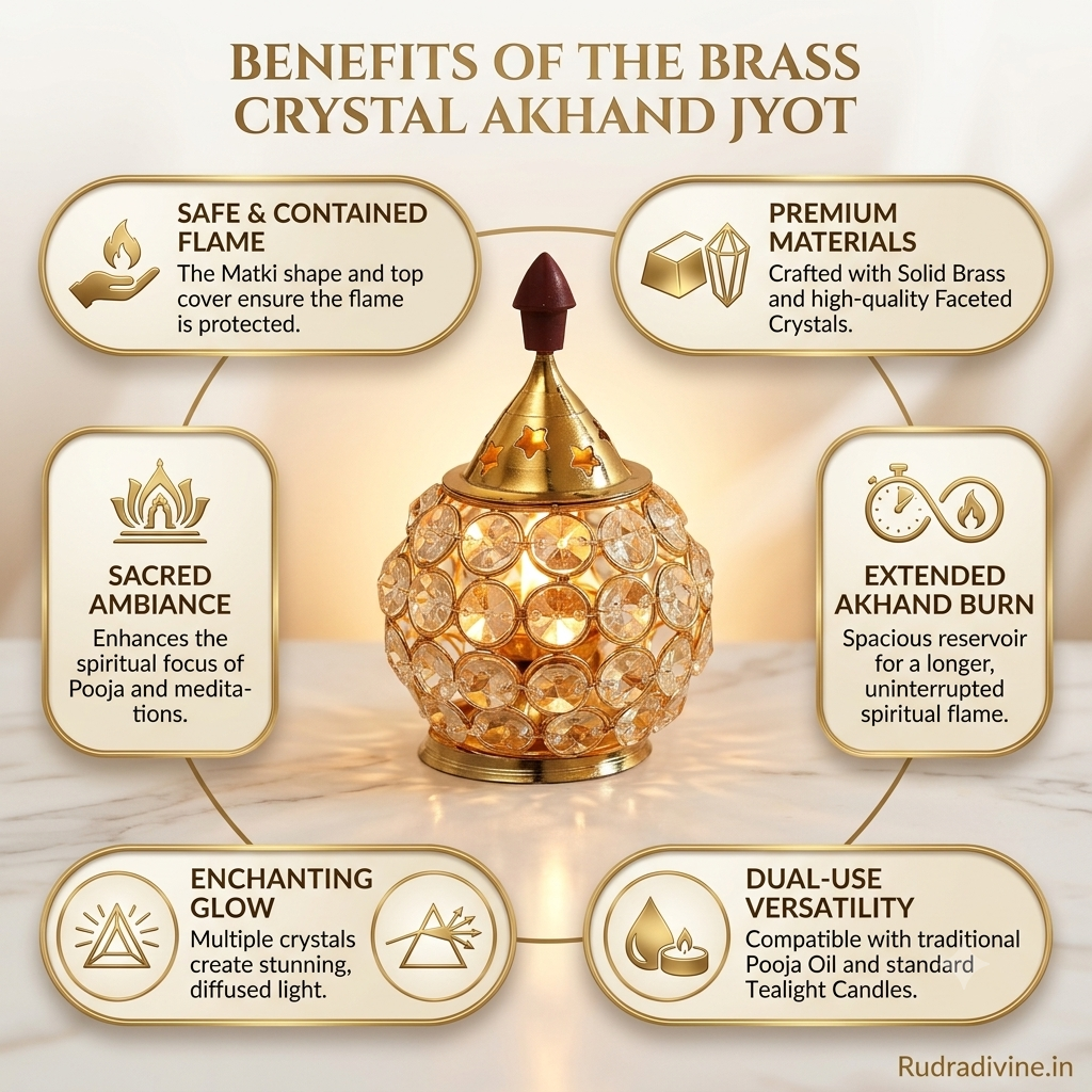 Brass Crystal Akhand Jyot 14CM Matki Diya by Rudradivine, designed as a traditional pooja oil lamp and tealight holder for home temple, aarti and spiritual decor.