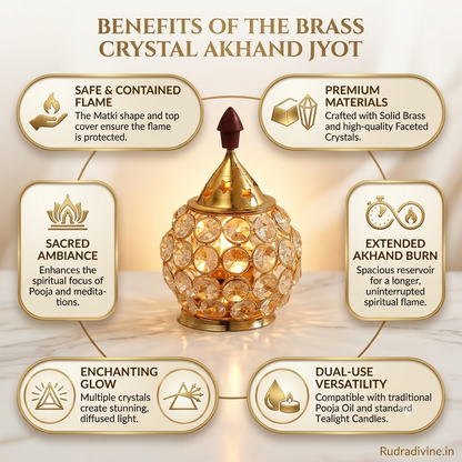 Brass Crystal Akhand Jyot 14CM Matki Diya by Rudradivine, designed as a traditional pooja oil lamp and tealight holder for home temple, aarti and spiritual decor.