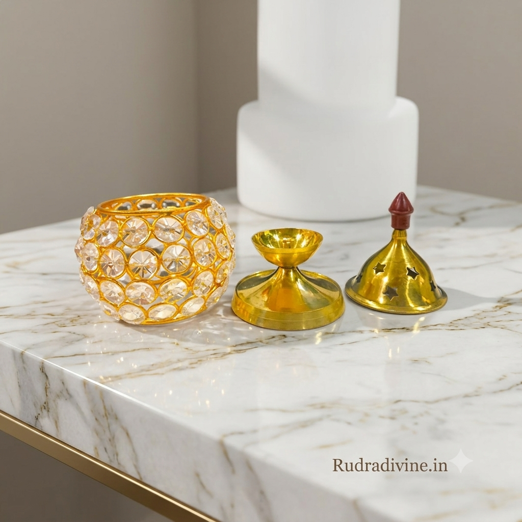 Brass Crystal Akhand Jyot 14CM Matki Diya by Rudradivine, designed as a traditional pooja oil lamp and tealight holder for home temple, aarti and spiritual decor.