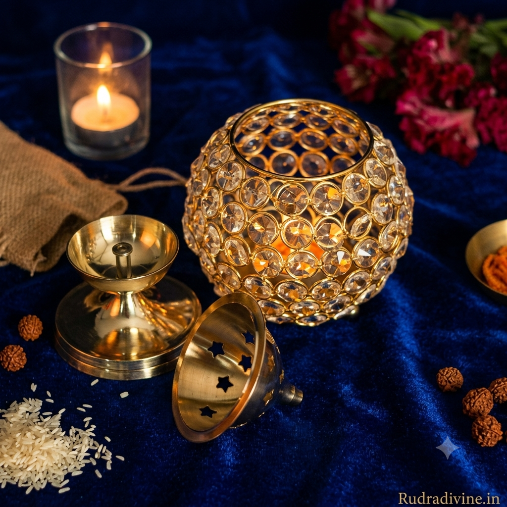 Brass Crystal Akhand Jyot 14CM Matki Diya by Rudradivine, designed as a traditional pooja oil lamp and tealight holder for home temple, aarti and spiritual decor.