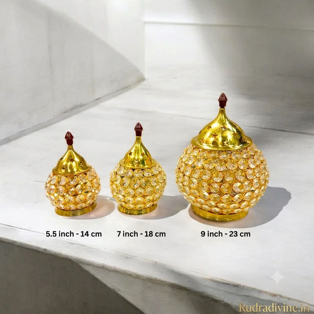 Brass Crystal Akhand Jyot 14CM Matki Diya by Rudradivine, designed as a traditional pooja oil lamp and tealight holder for home temple, aarti and spiritual decor.