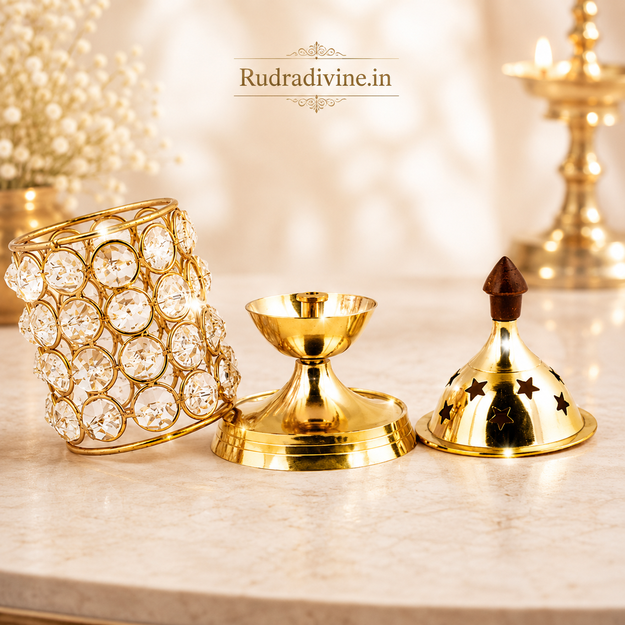 Brass Crystal Akhand Jyot & Pillar Jyot by Rudradivine, elegant brass pooja oil lamp and tealight holder for temple worship, aarti and spiritual home décor.