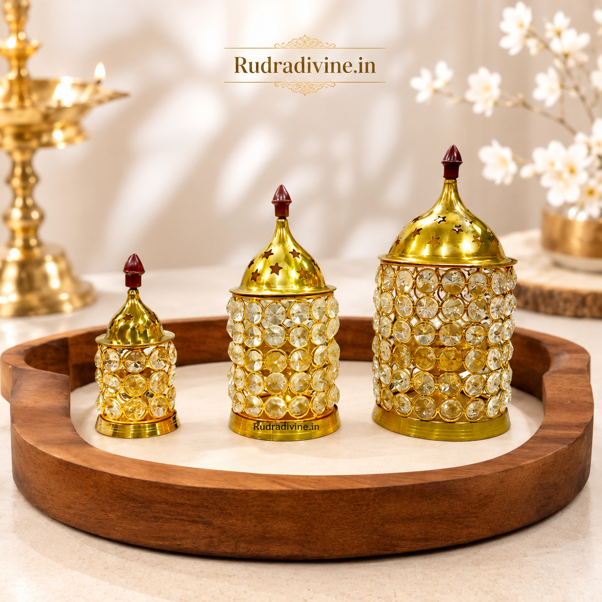 Brass Crystal Akhand Jyot & Pillar Jyot by Rudradivine, elegant brass pooja oil lamp and tealight holder for temple worship, aarti and spiritual home décor.