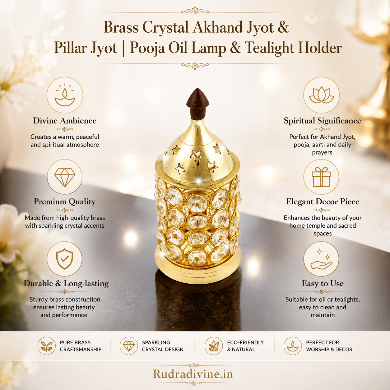 Brass Crystal Akhand Jyot & Pillar Jyot by Rudradivine, elegant brass pooja oil lamp and tealight holder for temple worship, aarti and spiritual home décor.
