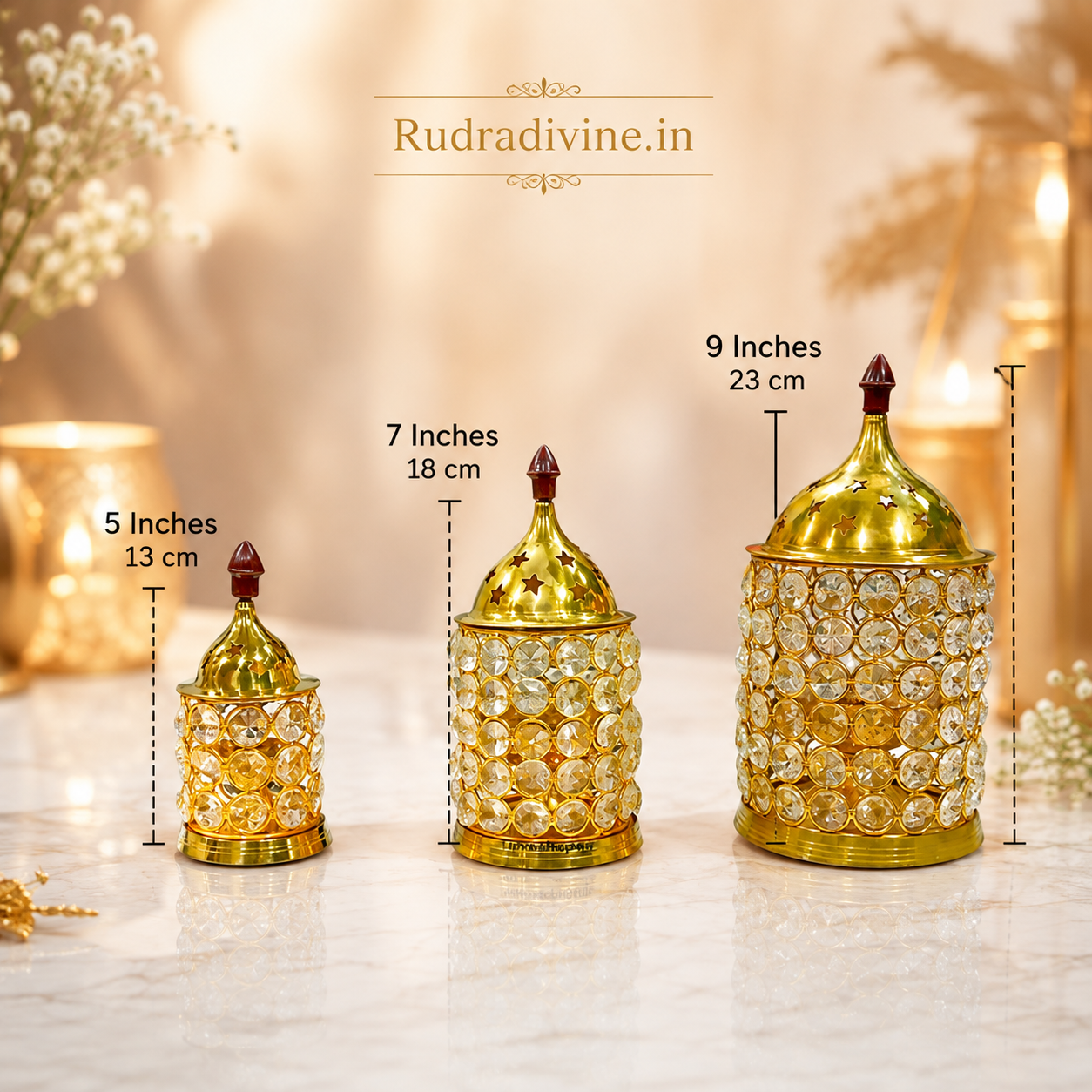 Brass Crystal Akhand Jyot & Pillar Jyot by Rudradivine, elegant brass pooja oil lamp and tealight holder for temple worship, aarti and spiritual home décor.