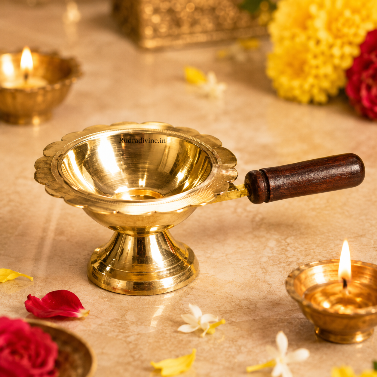 Brass Dhooni Dani with wooden handle for Kapur Aarti, pooja rituals and spiritual practices by Rudradivine, featuring traditional brass design and convenient grip.