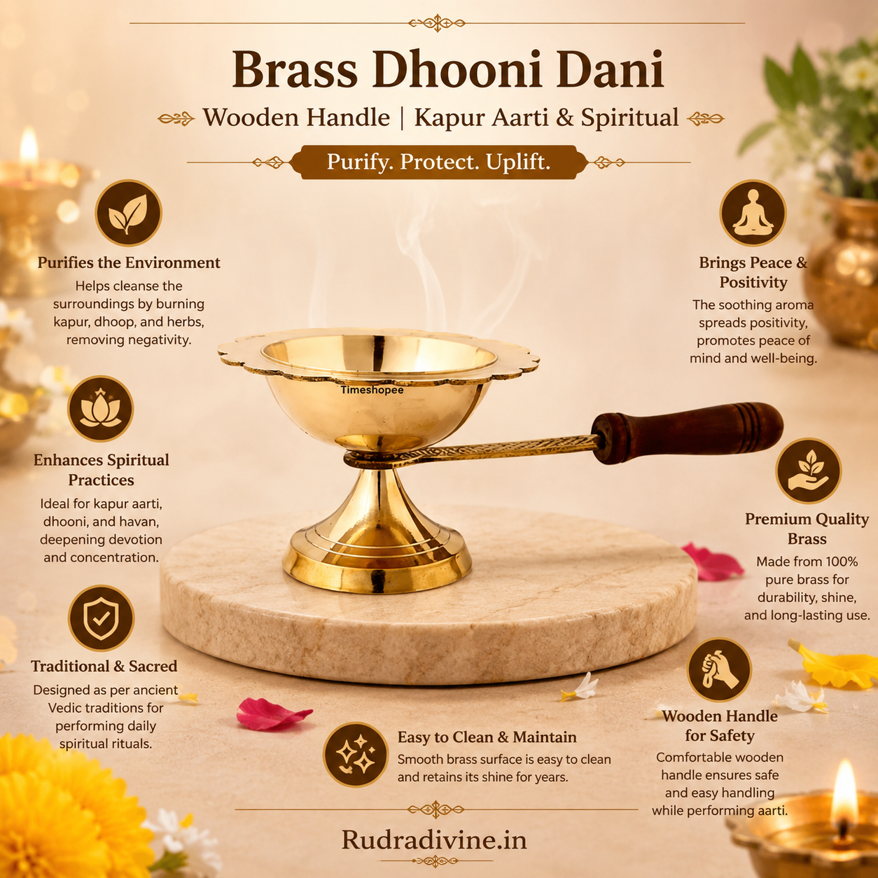 Brass Dhooni Dani with wooden handle for Kapur Aarti, pooja rituals and spiritual practices by Rudradivine, featuring traditional brass design and convenient grip.