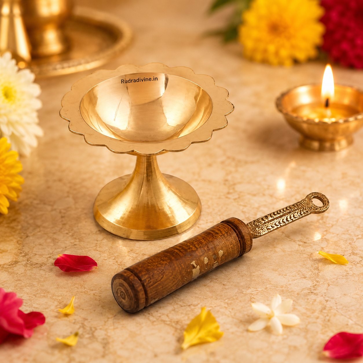 Brass Dhooni Dani with wooden handle for Kapur Aarti, pooja rituals and spiritual practices by Rudradivine, featuring traditional brass design and convenient grip.