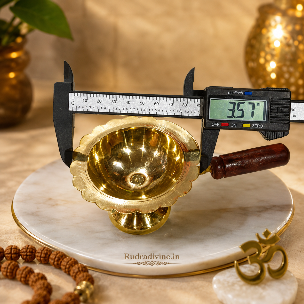 Brass Dhooni Dani with wooden handle for Kapur Aarti, pooja rituals and spiritual practices by Rudradivine, featuring traditional brass design and convenient grip.
