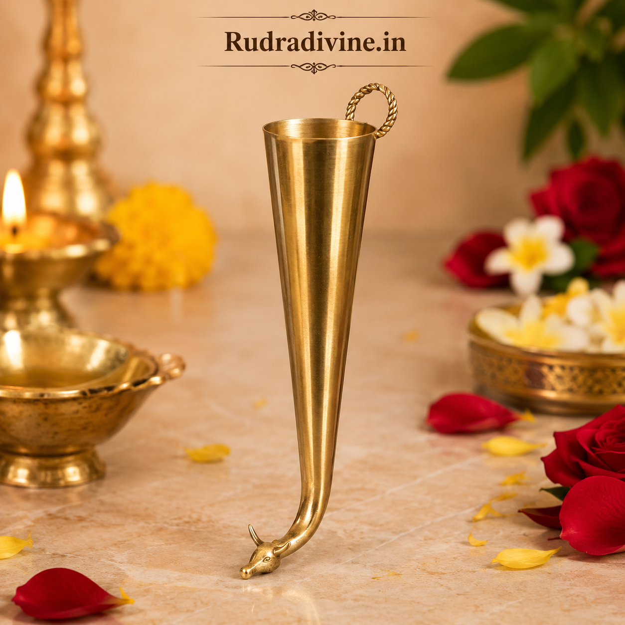 Brass Gaumukhi Shringi for Abhishek made from 100% pure brass by Rudradivine, designed as a traditional pooja tool for Shivling Abhishek and sacred rituals.