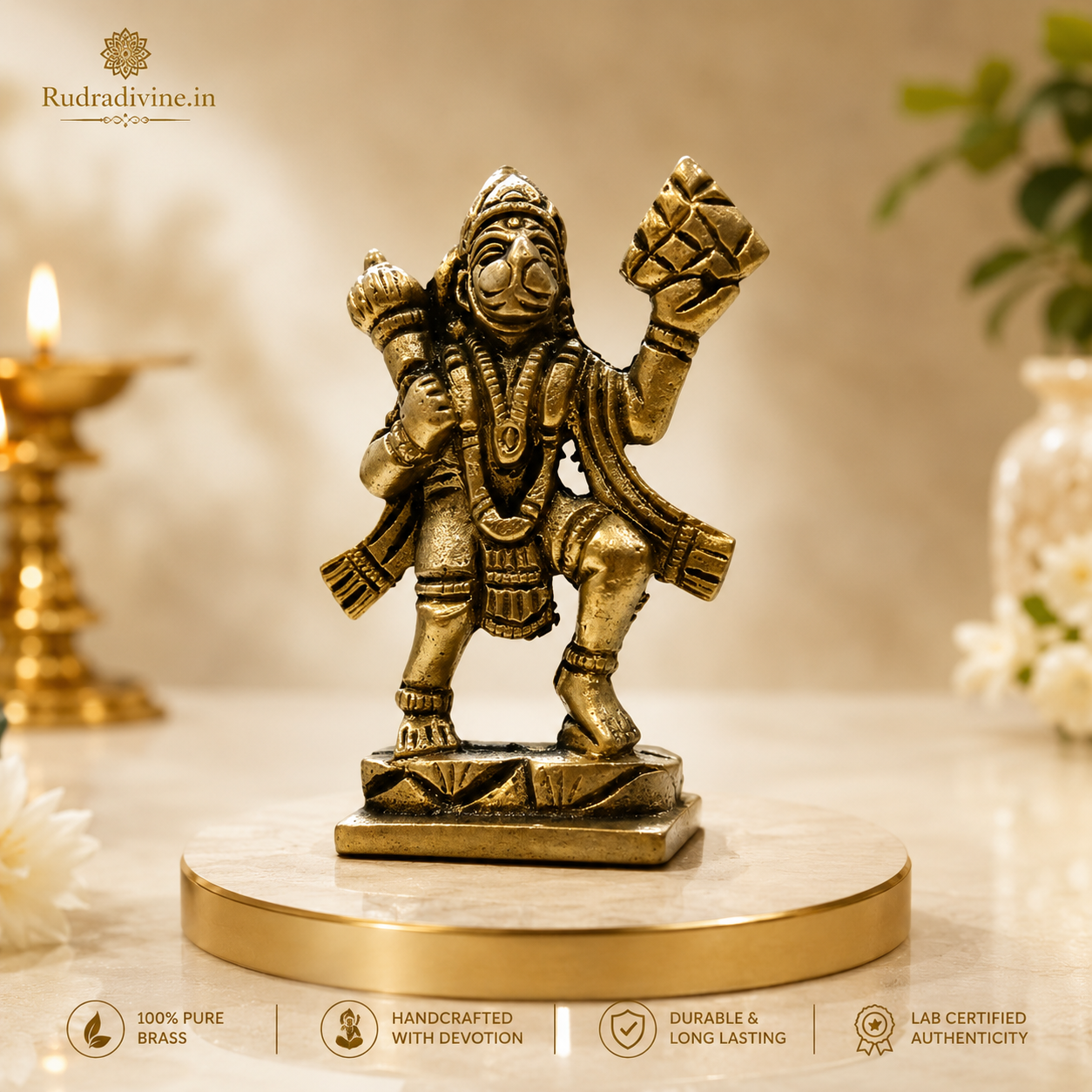 Brass Hanuman Ji Murti carrying the Sanjeevani Mountain with official Lab Certificate by Rudradivine for home pooja, protection, devotion and spiritual décor.