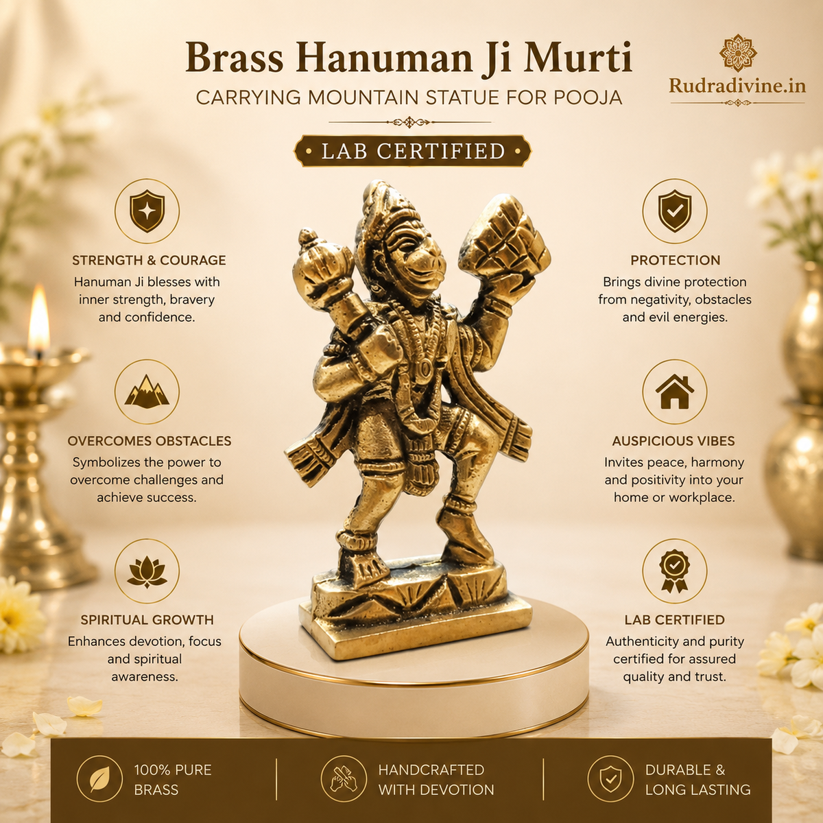 Brass Hanuman Ji Murti carrying the Sanjeevani Mountain with official Lab Certificate by Rudradivine for home pooja, protection, devotion and spiritual décor.