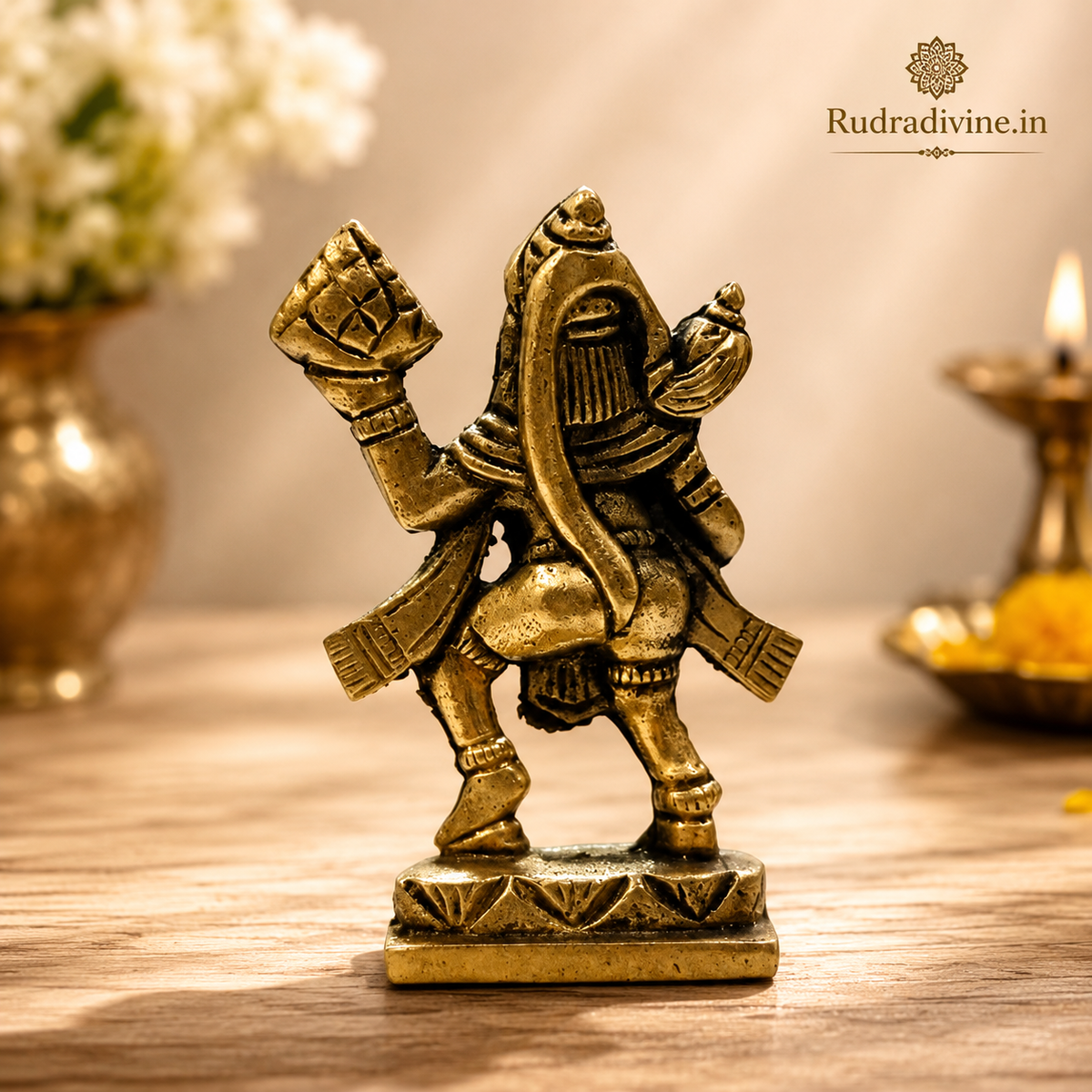 Brass Hanuman Ji Murti carrying the Sanjeevani Mountain with official Lab Certificate by Rudradivine for home pooja, protection, devotion and spiritual décor.