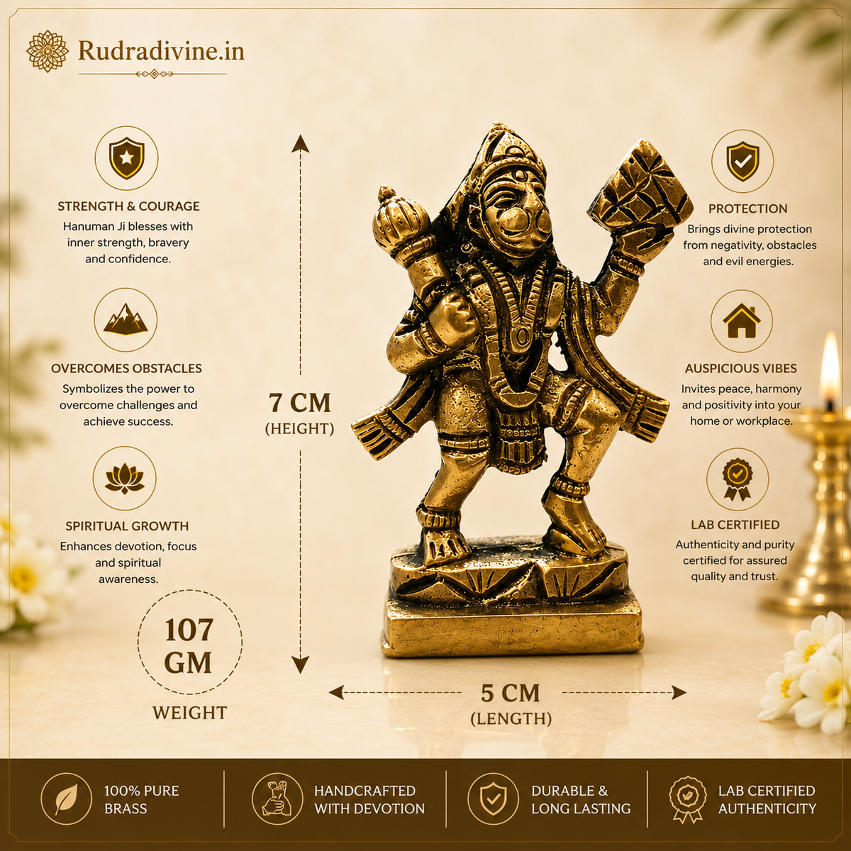 Brass Hanuman Ji Murti carrying the Sanjeevani Mountain with official Lab Certificate by Rudradivine for home pooja, protection, devotion and spiritual décor.