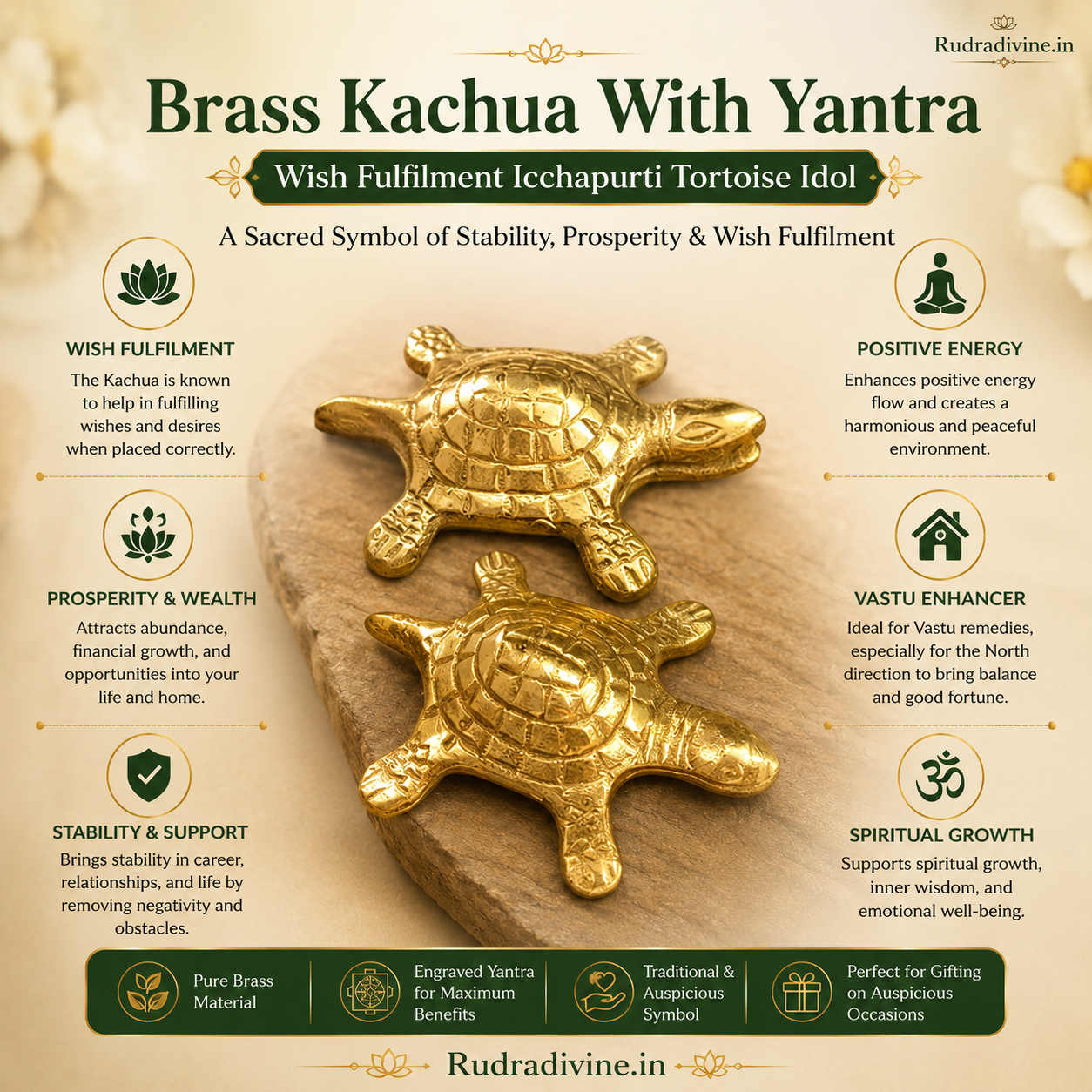 Brass Kachua With Yantra Icchapurti Tortoise Idol by Rudradivine, traditional brass pooja and vastu decor item associated with stability, positivity and prosperity.