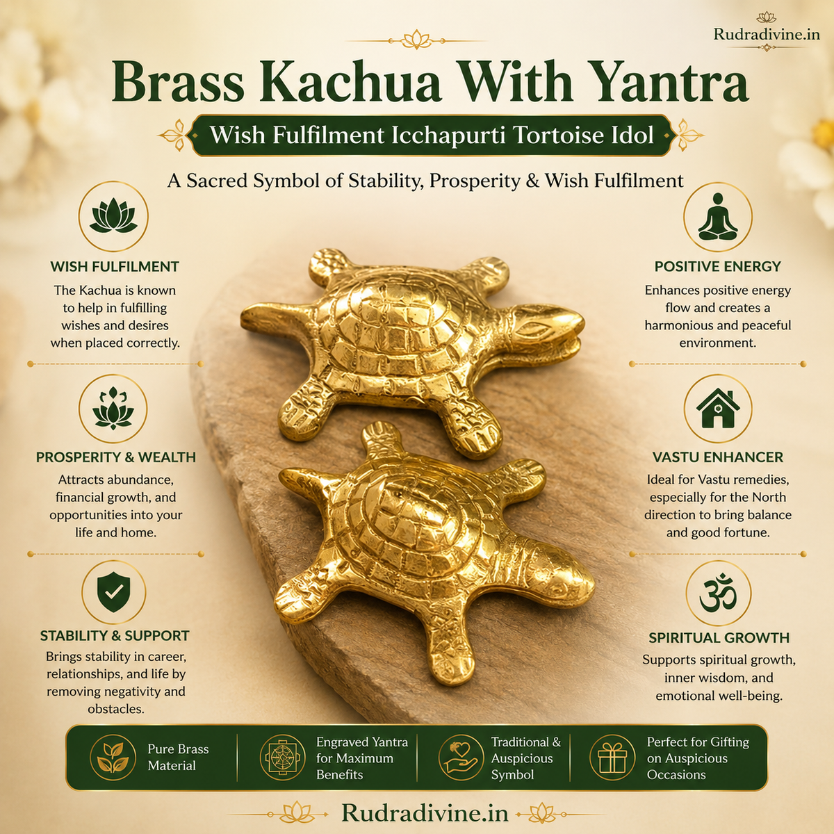 Brass Kachua With Yantra Icchapurti Tortoise Idol by Rudradivine, traditional brass pooja and vastu decor item associated with stability, positivity and prosperity.