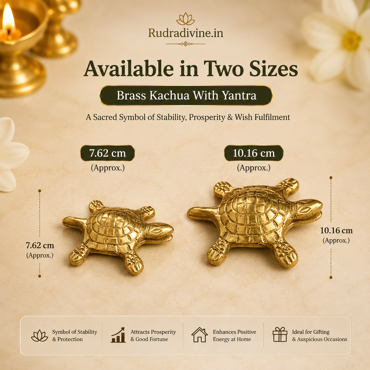 Brass Kachua With Yantra Icchapurti Tortoise Idol by Rudradivine, traditional brass pooja and vastu decor item associated with stability, positivity and prosperity.