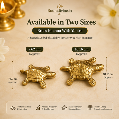 Brass Kachua With Yantra Icchapurti Tortoise Idol by Rudradivine, traditional brass pooja and vastu decor item associated with stability, positivity and prosperity.