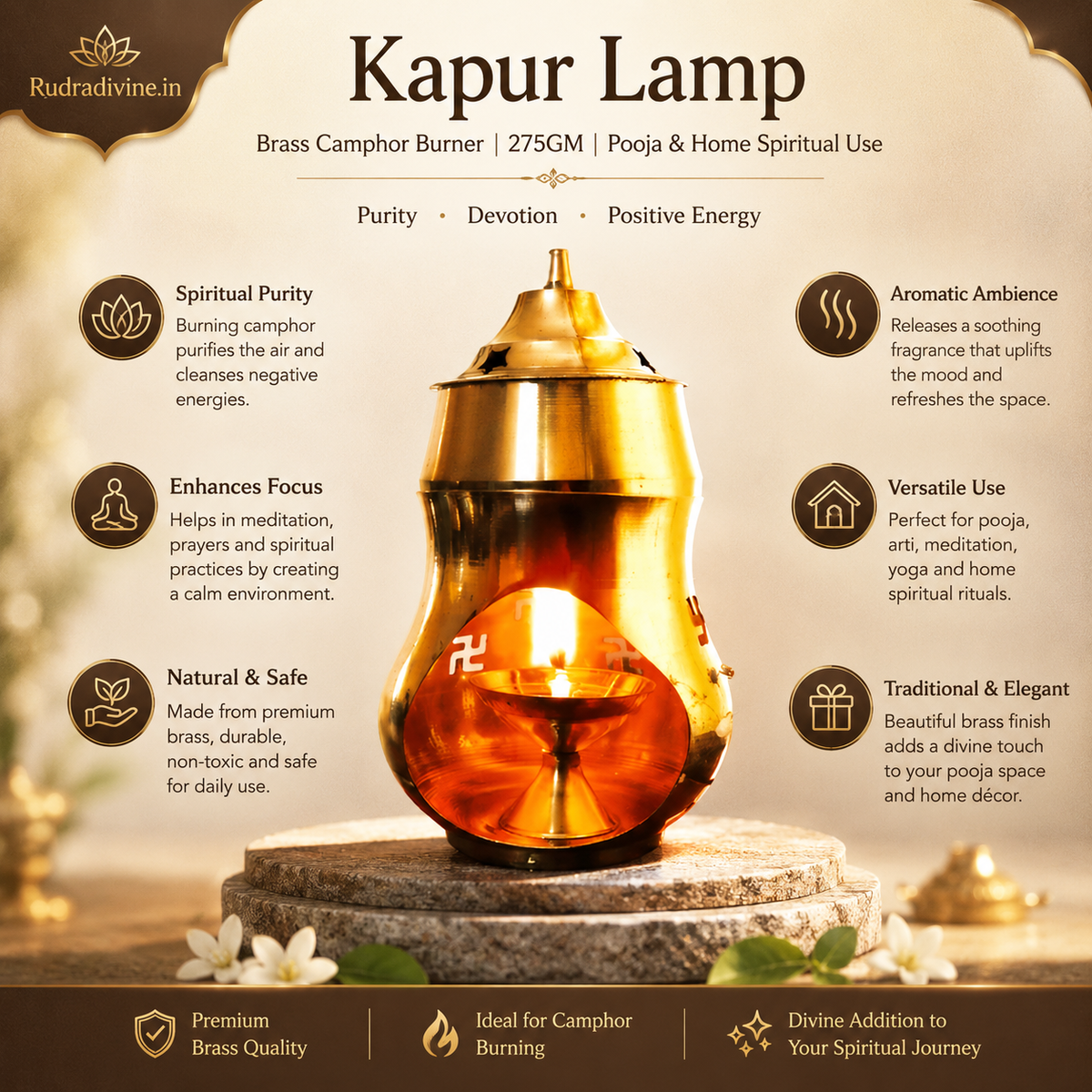 Brass Kapur Lamp 275GM by Rudradivine, traditional camphor burner for daily pooja, aarti, home temple and spiritual worship rituals.